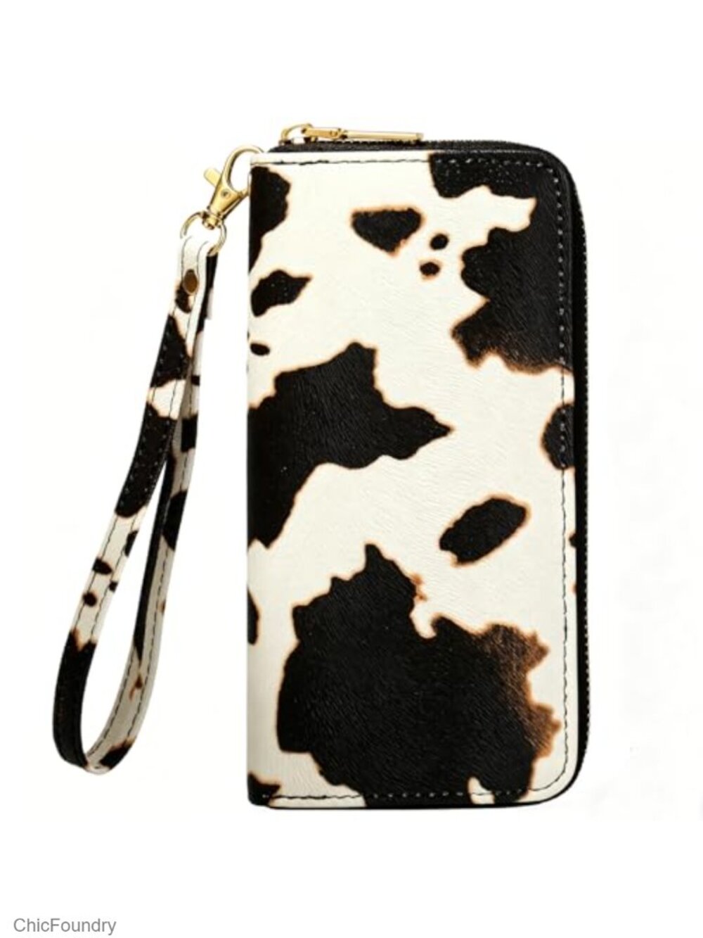 Vegan Leather Cow Print Wristlet Wallet Zip Around Card Holder